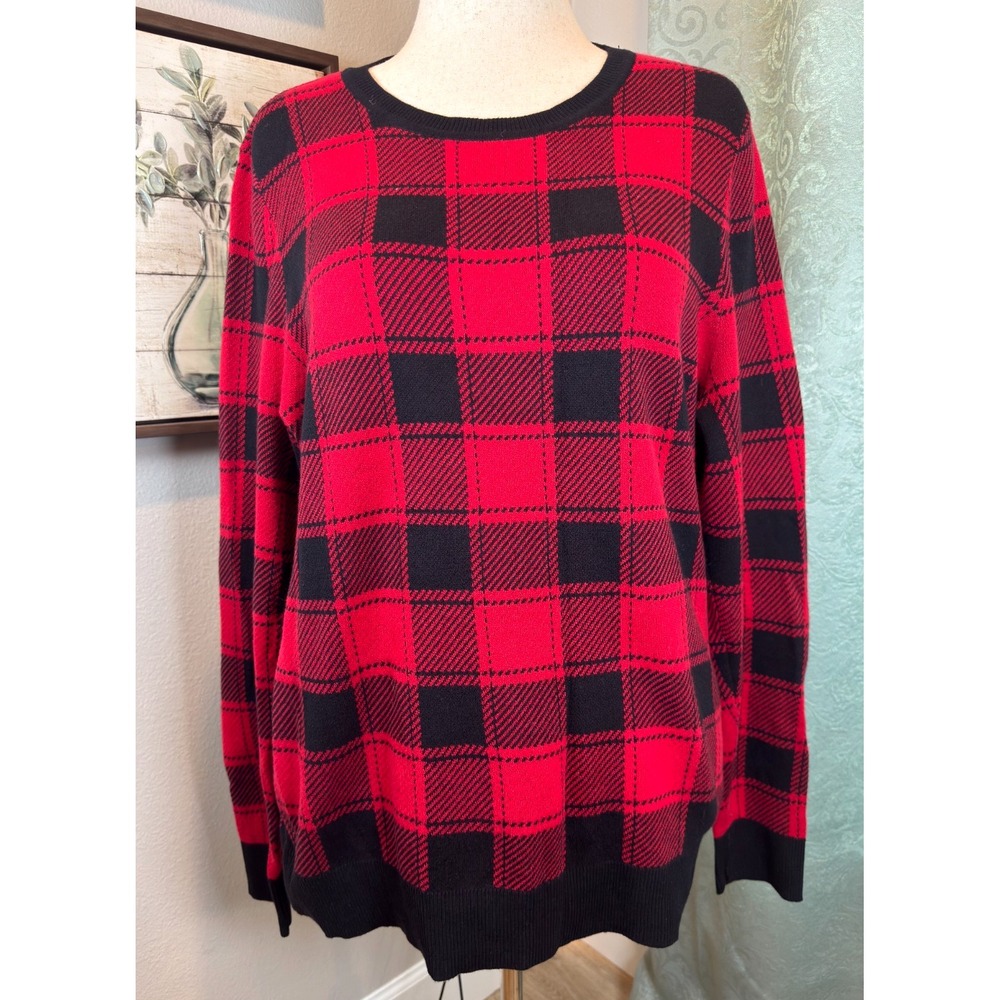 Kim Rogers Buffalo Plaid Sweater Women's L Red & Black Check Fall Cabincore